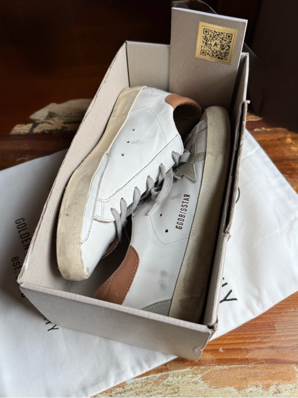Golden Goose White Leather Low-Top Sneakers with Beige Star and Tan Heel - Picture 13 of 13